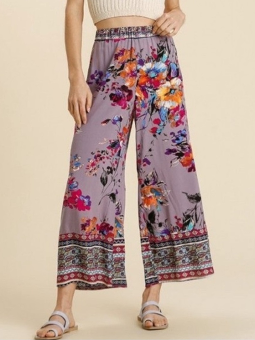 NWT Umgee Lavender Wide-Leg Floral Palazzo Bohemian Vacation Ankle Island Pants